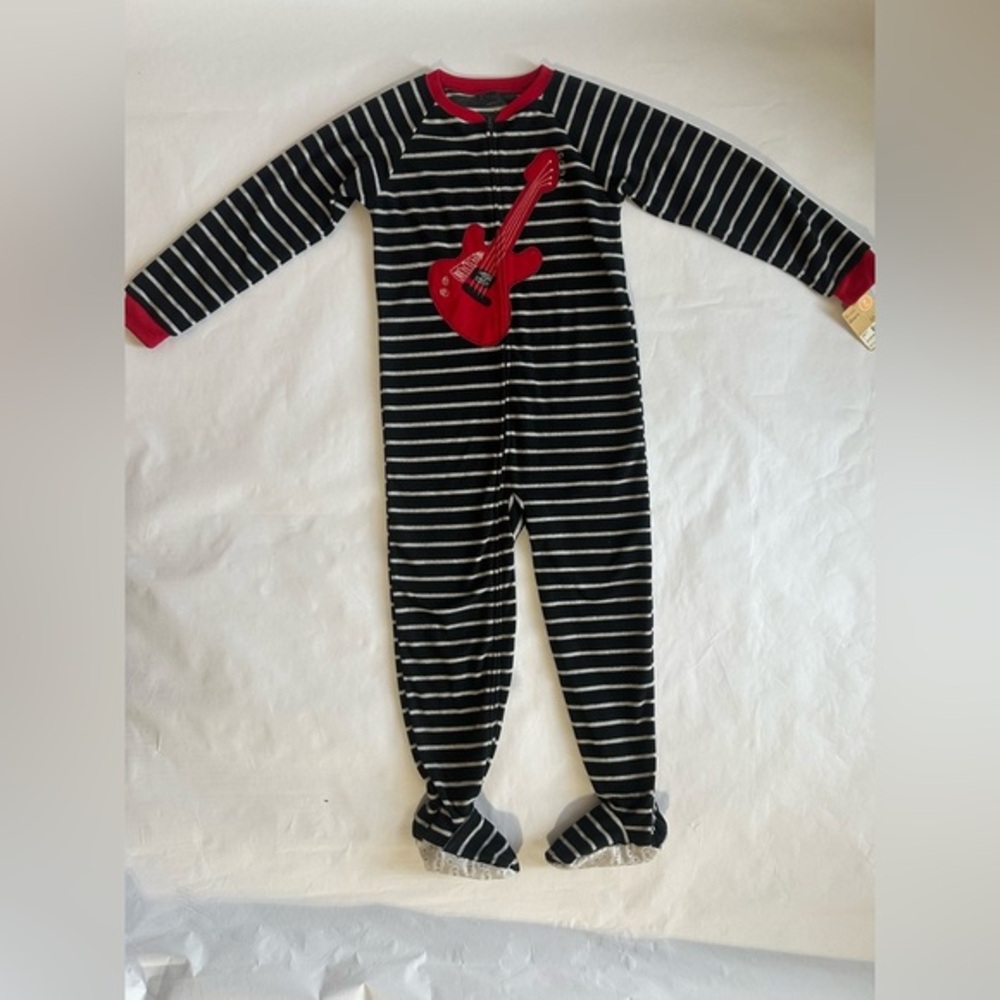 Striped Black and White Kids One Piece with Red Guitar